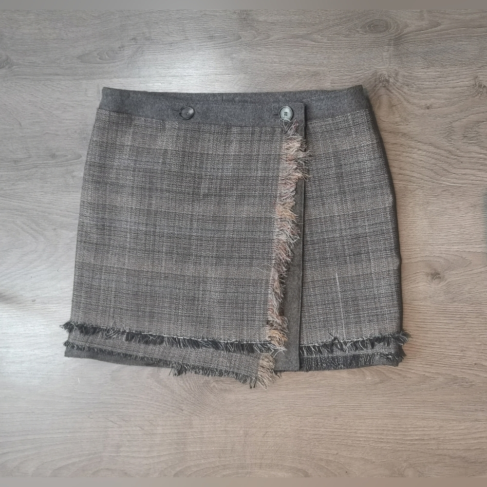 Neo-vintage Eco-lux Vir-go' Upcycled Grey Raw Edge Finished Tweed Wrap Skirt